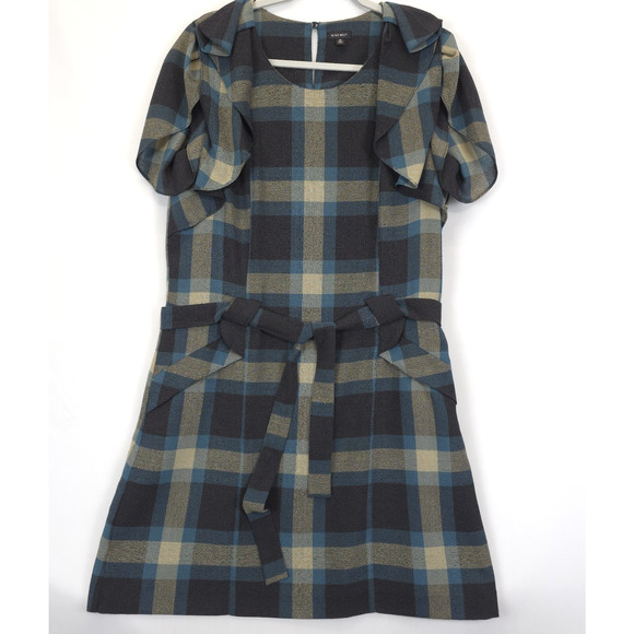 Nine West Shift Dress Plaid Gray Teal Belted Pedal Sleeves Women 14 Academia - Picture 5 of 15